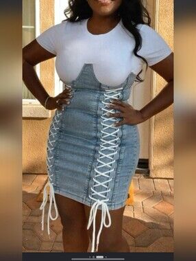 Blanc Clothing Light Blue Lace-Up Denim Mini Dress Size M Stretch